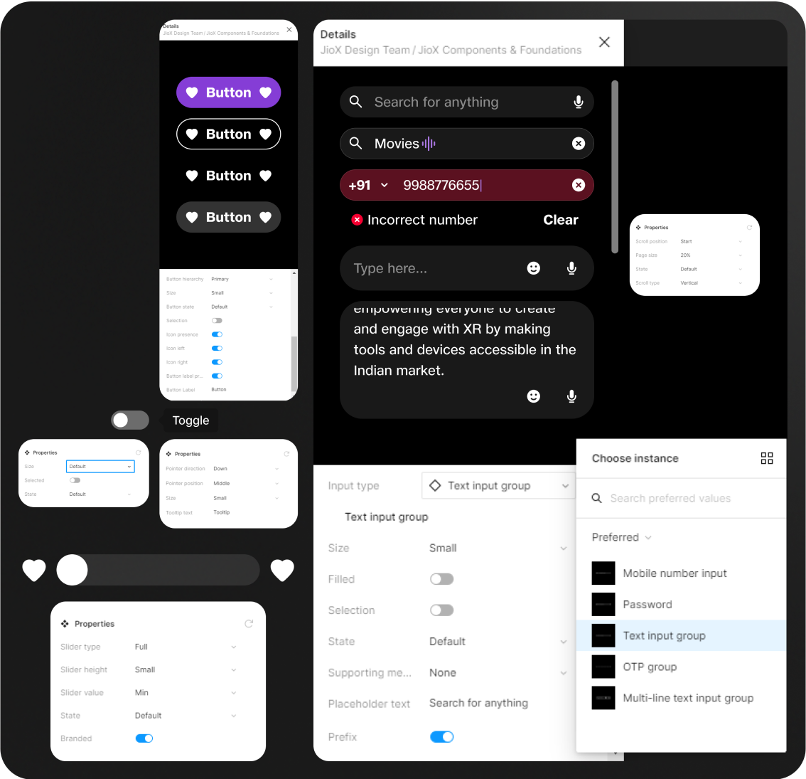 A few example of interactive elements from Jio's XR platform Design system