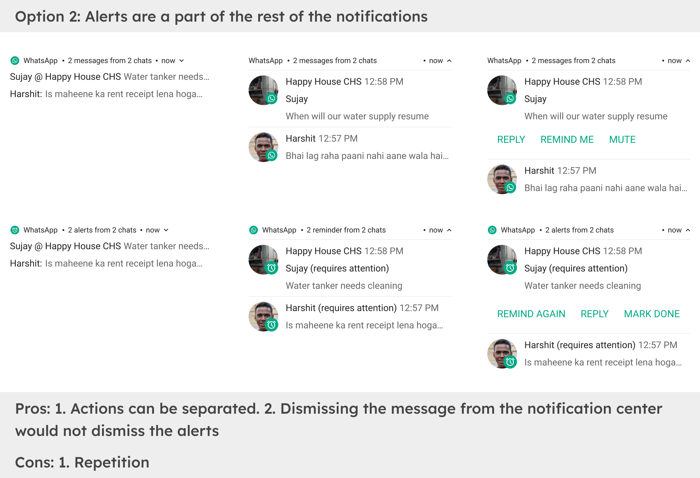 WhatsApp message Notifications grouped by the sender and the use case like calls, messages, and now reminders.